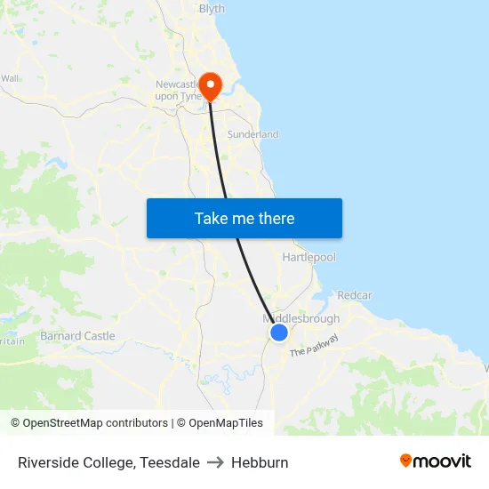Riverside College, Teesdale to Hebburn map