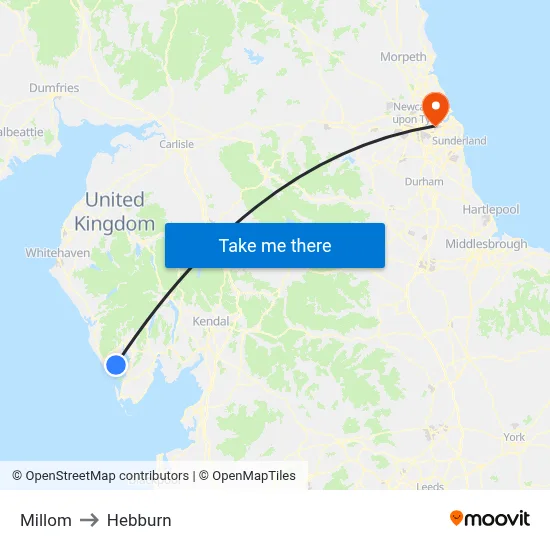 Millom to Hebburn map