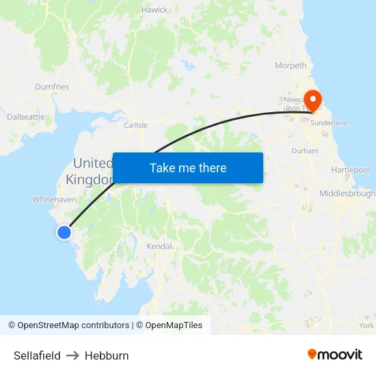 Sellafield to Hebburn map