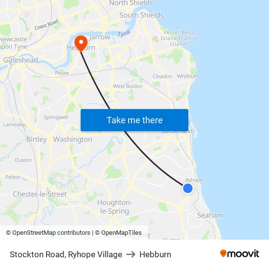 Stockton Road, Ryhope Village to Hebburn map