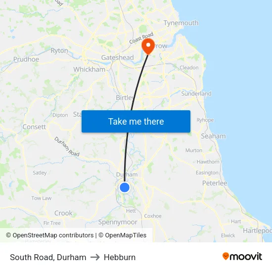 South Road, Durham to Hebburn map