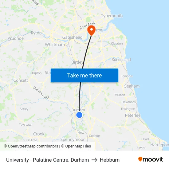 University - Palatine Centre, Durham to Hebburn map