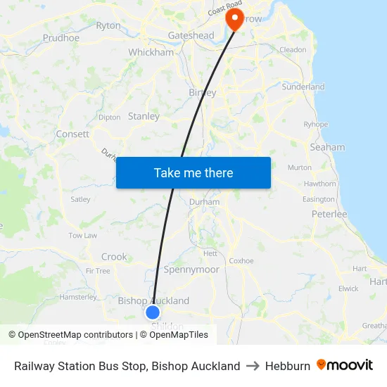 Railway Station Bus Stop, Bishop Auckland to Hebburn map