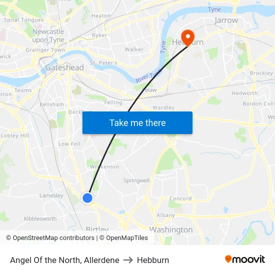 Angel Of the North, Allerdene to Hebburn map