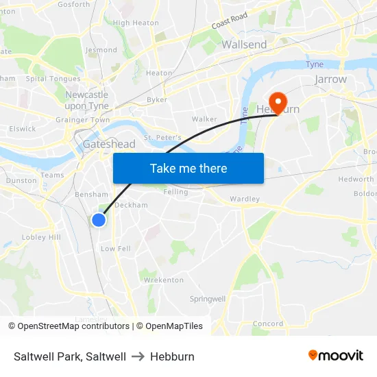 Saltwell Park, Saltwell to Hebburn map