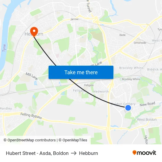 Hubert Street - Asda, Boldon to Hebburn map