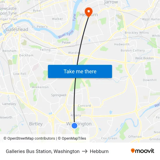 Galleries Bus Station, Washington to Hebburn map