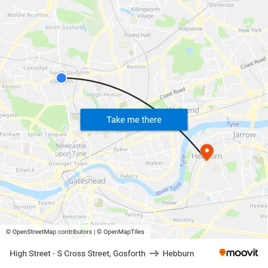 High Street - S Cross Street, Gosforth to Hebburn map