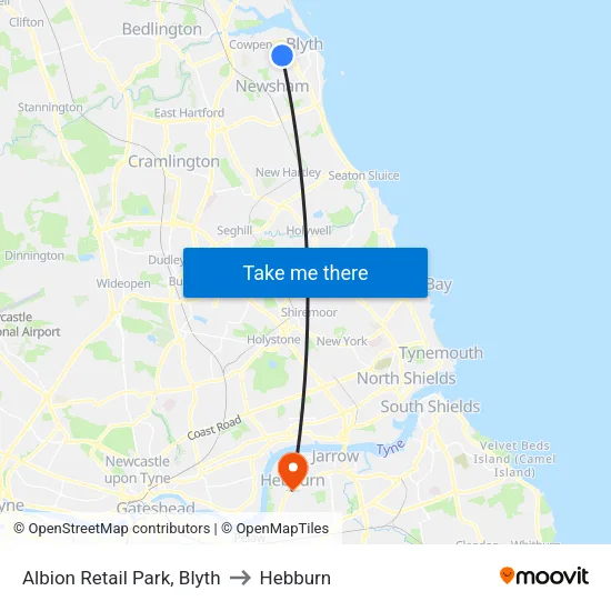 Albion Retail Park, Blyth to Hebburn map