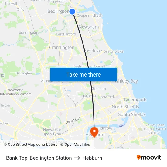 Bank Top, Bedlington Station to Hebburn map