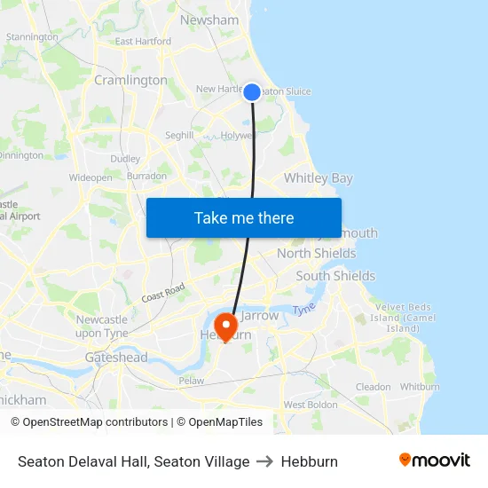 Seaton Delaval Hall, Seaton Village to Hebburn map