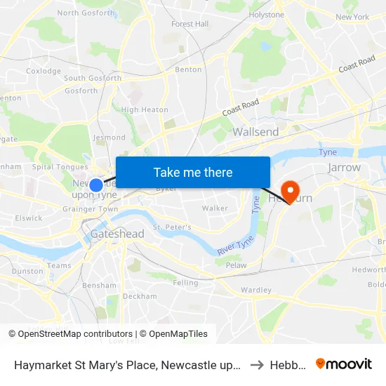 Haymarket St Mary's Place, Newcastle upon Tyne to Hebburn map