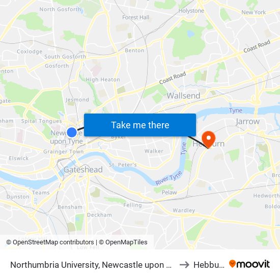 Northumbria University, Newcastle upon Tyne to Hebburn map