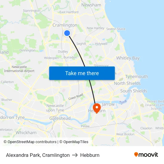 Alexandra Park, Cramlington to Hebburn map