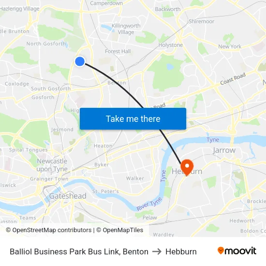 Balliol Business Park Bus Link, Benton to Hebburn map