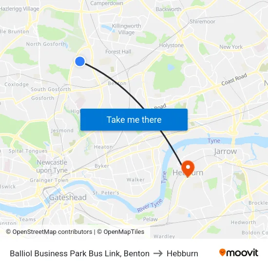 Balliol Business Park Bus Link, Benton to Hebburn map