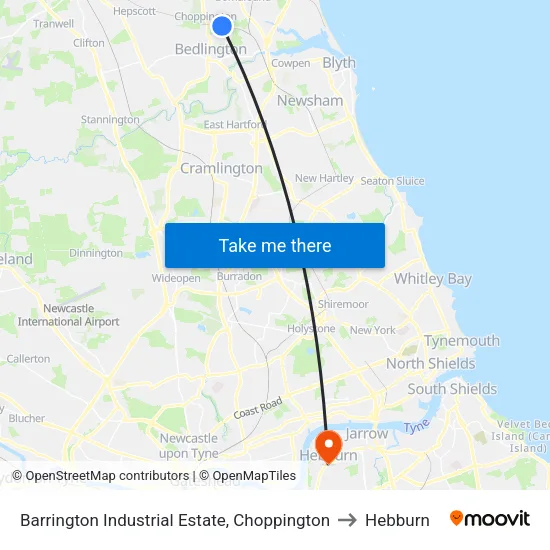 Barrington Industrial Estate, Choppington to Hebburn map