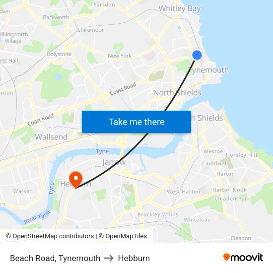 Beach Road, Tynemouth to Hebburn map
