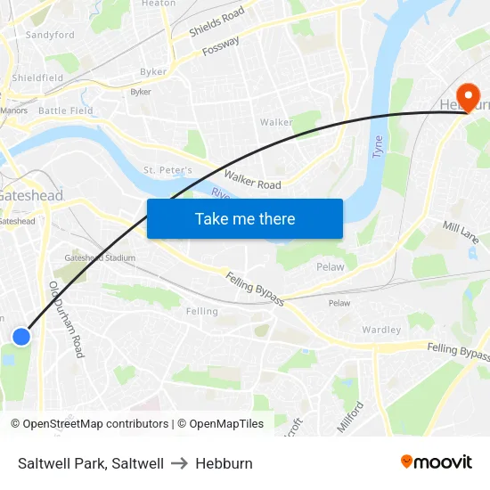 Saltwell Park, Saltwell to Hebburn map