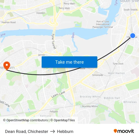 Dean Road, Chichester to Hebburn map