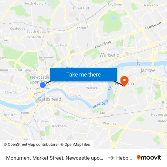Monument Market Street, Newcastle upon Tyne to Hebburn map