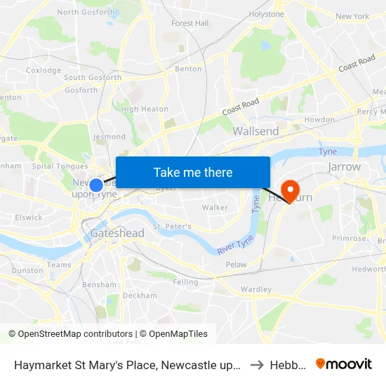 Haymarket St Mary's Place, Newcastle upon Tyne to Hebburn map