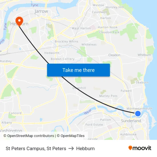 St Peters Campus, St Peters to Hebburn map