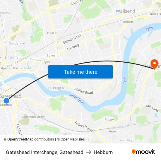 Gateshead Interchange, Gateshead to Hebburn map