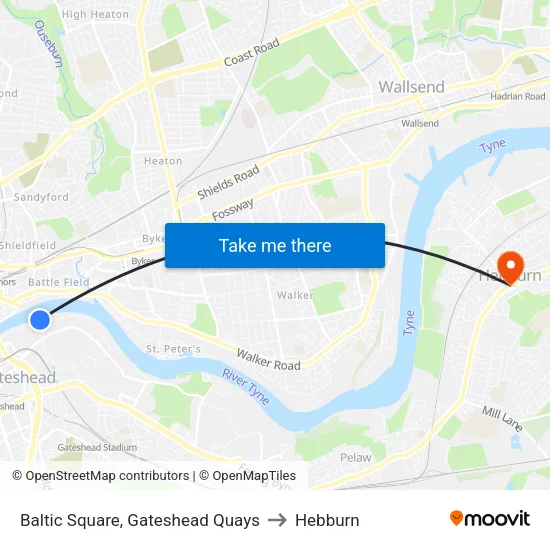 Baltic Square, Gateshead Quays to Hebburn map