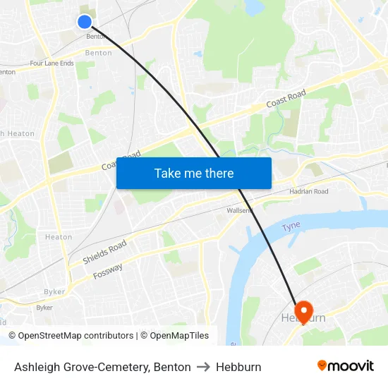 Ashleigh Grove-Cemetery, Benton to Hebburn map