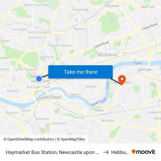 Haymarket Bus Station, Newcastle upon Tyne to Hebburn map