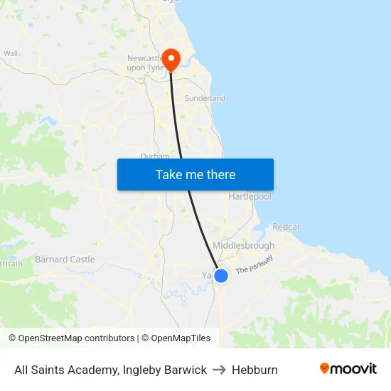 All Saints Academy, Ingleby Barwick to Hebburn map