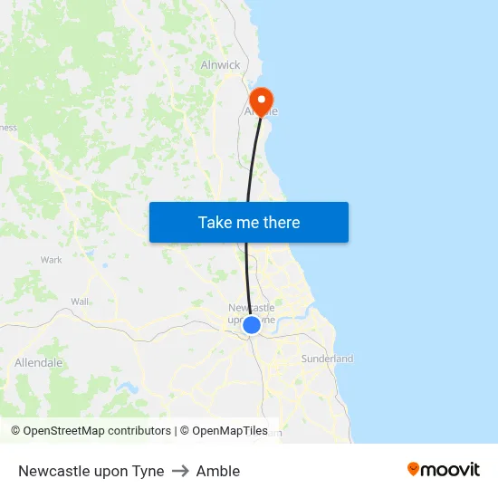 Newcastle upon Tyne to Amble map