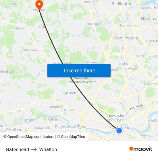 Gateshead to Whalton map