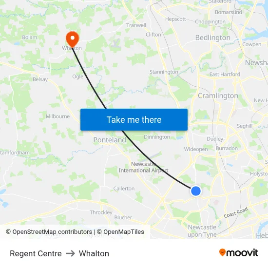 Regent Centre to Whalton map