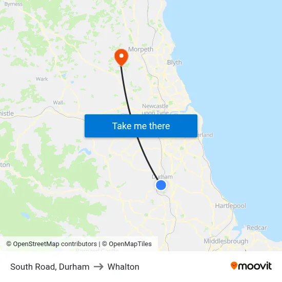 South Road, Durham to Whalton map