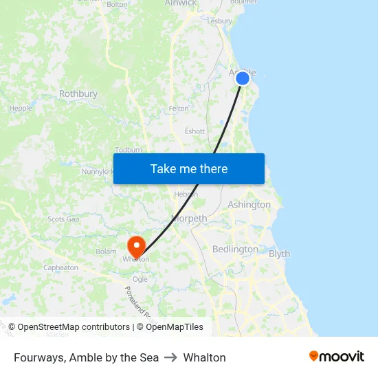 Fourways, Amble by the Sea to Whalton map