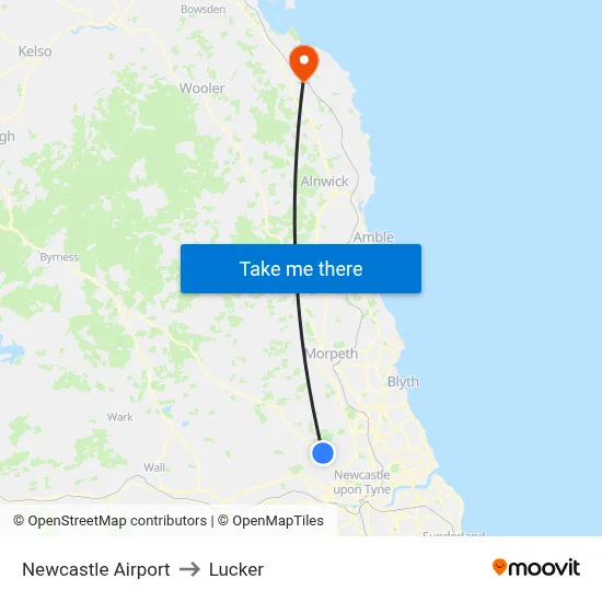 Newcastle Airport to Lucker map
