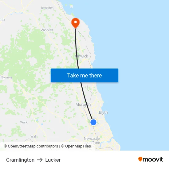 Cramlington to Lucker map