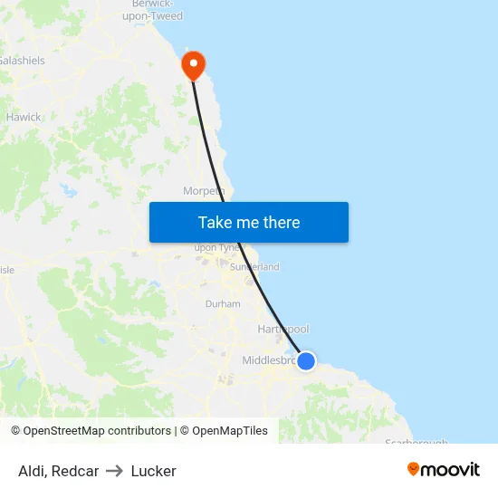 Aldi, Redcar to Lucker map