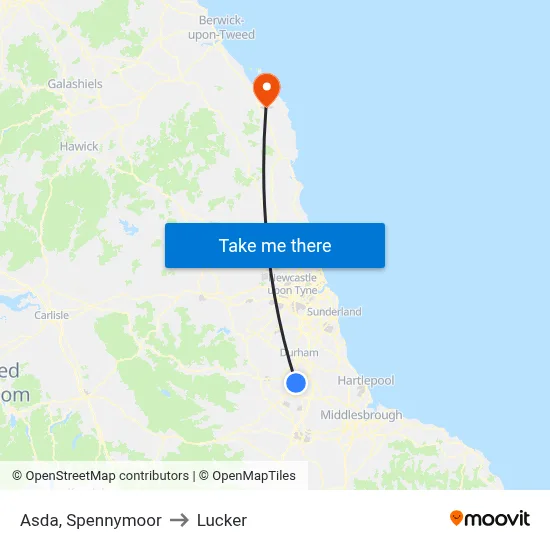 Asda, Spennymoor to Lucker map