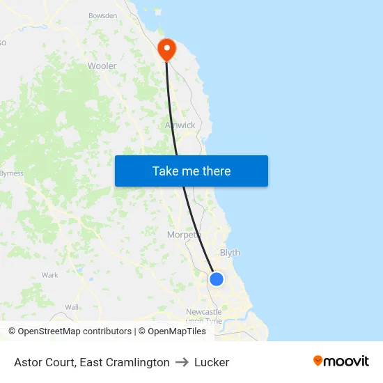 Astor Court, East Cramlington to Lucker map