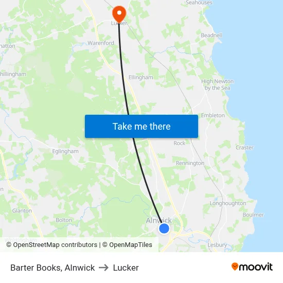 Barter Books, Alnwick to Lucker map