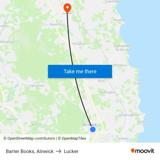 Barter Books, Alnwick to Lucker map