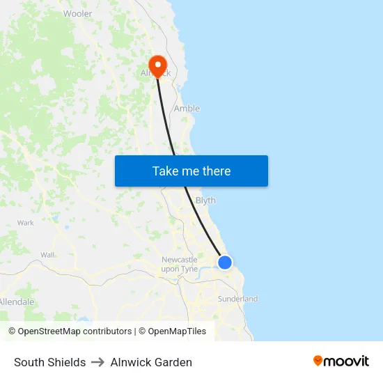 South Shields to Alnwick Garden map