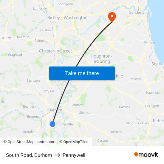 South Road, Durham to Pennywell map