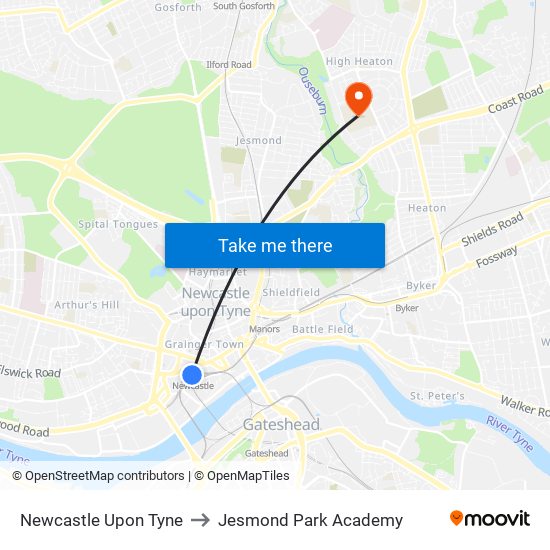 Newcastle Upon Tyne to Jesmond Park Academy map