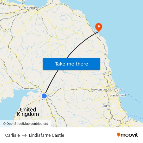 Carlisle to Lindisfarne Castle map