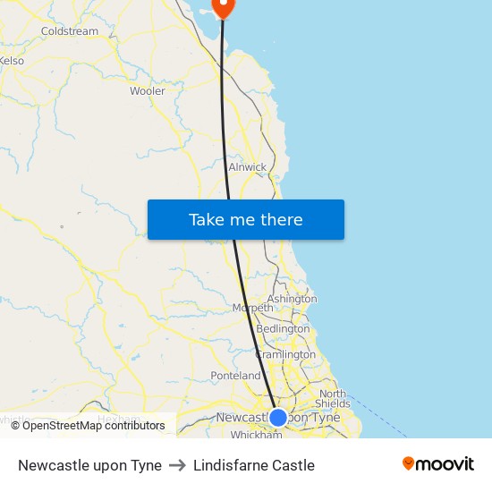 Newcastle upon Tyne to Lindisfarne Castle map