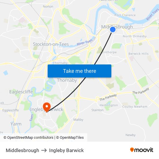 Middlesbrough to Ingleby Barwick map